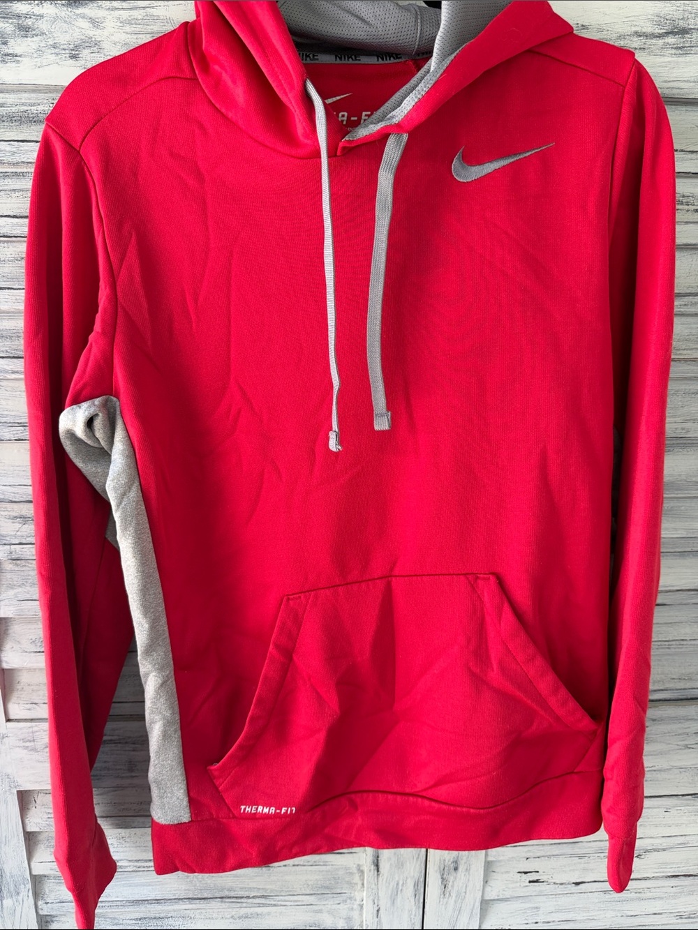 Nike Red Therma Fit Hoodie with Gray Accents and Silver Swoosh Size Small
